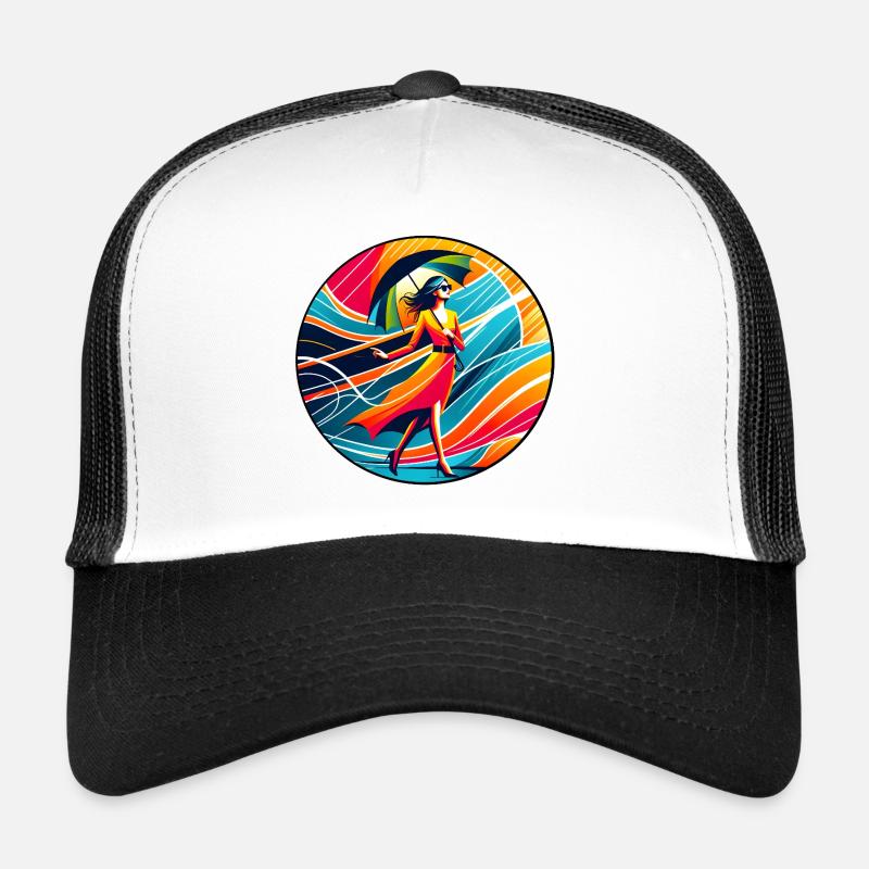Farbenfrohe Frau mit Regenschirm Trucker Cap