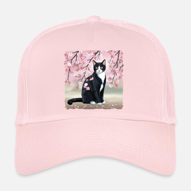 Chat en fleur de cerisier : Fleurs de Sakura roses, Chat noir Casquette trucker 