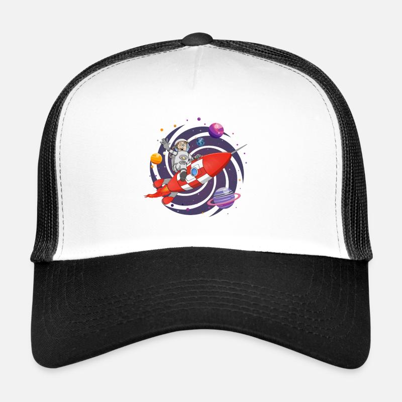 L’astronaute et la fusée rouge dans l’espace. Casquette trucker 