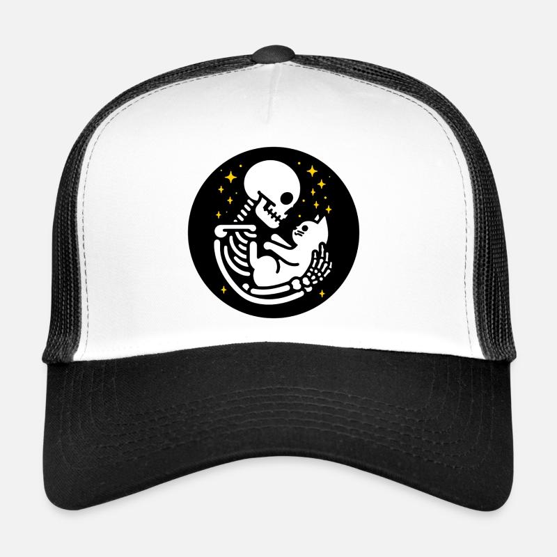 Skelett mit Katze - Trucker Cap - Weiß/Schwarz