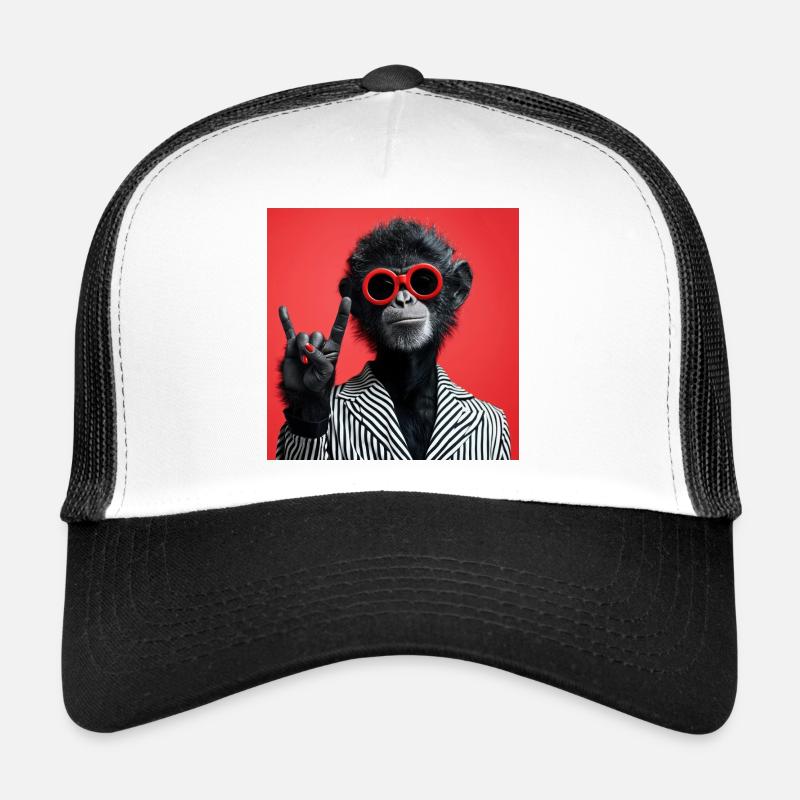 Affe mit roter Sonnenbrille macht Rock Geste - Trucker Cap - Weiß/Schwarz