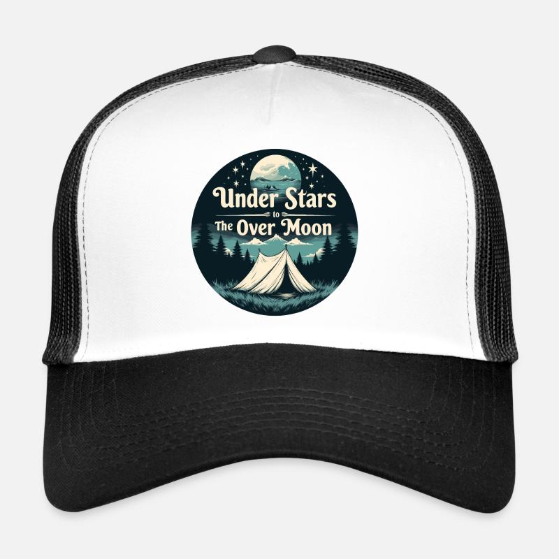 Campingszene unter Sternen - Mond - Trucker Cap - Weiß/Schwarz
