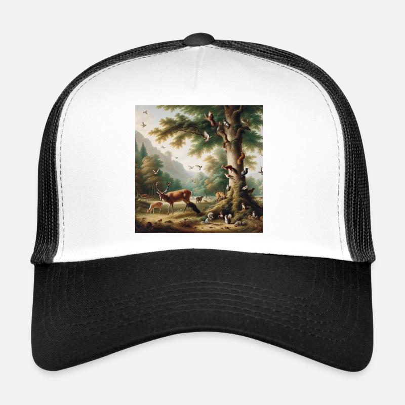 Scène de forêt avec cerf et nature - Casquette trucker  - blanc/noir