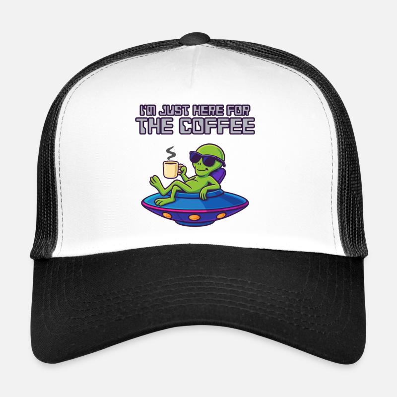 Coffee-loving alien in UFO Trucker Cap