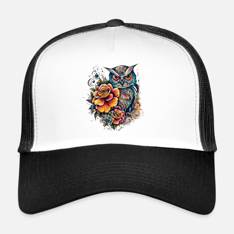Mystische Eulen mit Blumen im Tribal-Stil - Trucker Cap - Weiß/Schwarz