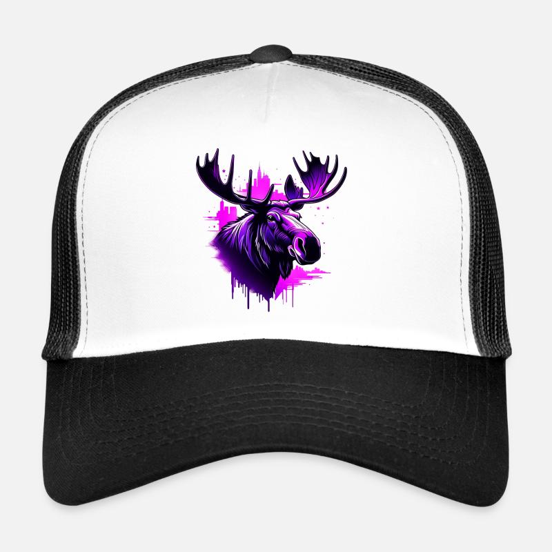 Neon Abstract Moose with City Background - Trucker Cap - white/black