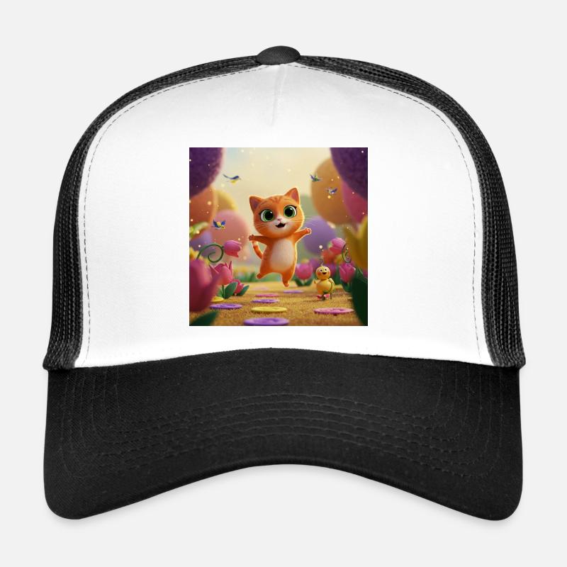 Le chaton saute à travers le royaume des fleurs - Casquette trucker  - blanc/noir