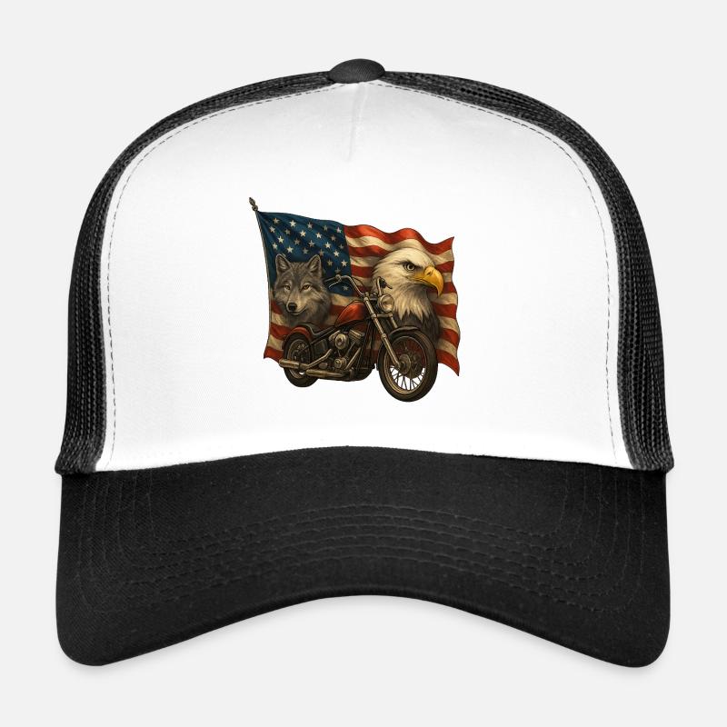 Chopper, wolf and eagle on US flag Trucker Cap
