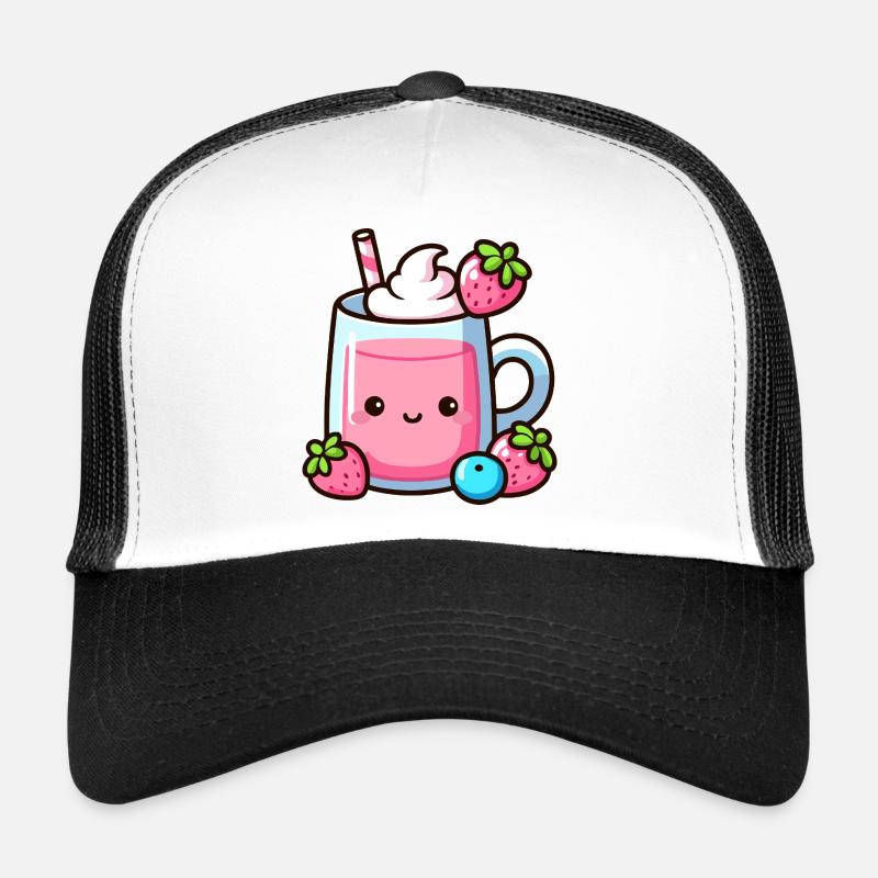 Conception de tasse de lait de fraise Kawaii - Casquette trucker - blanc/noir