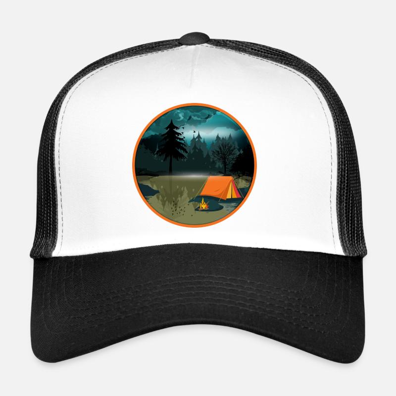 Night camping in the forest with campfire and tent Trucker Cap