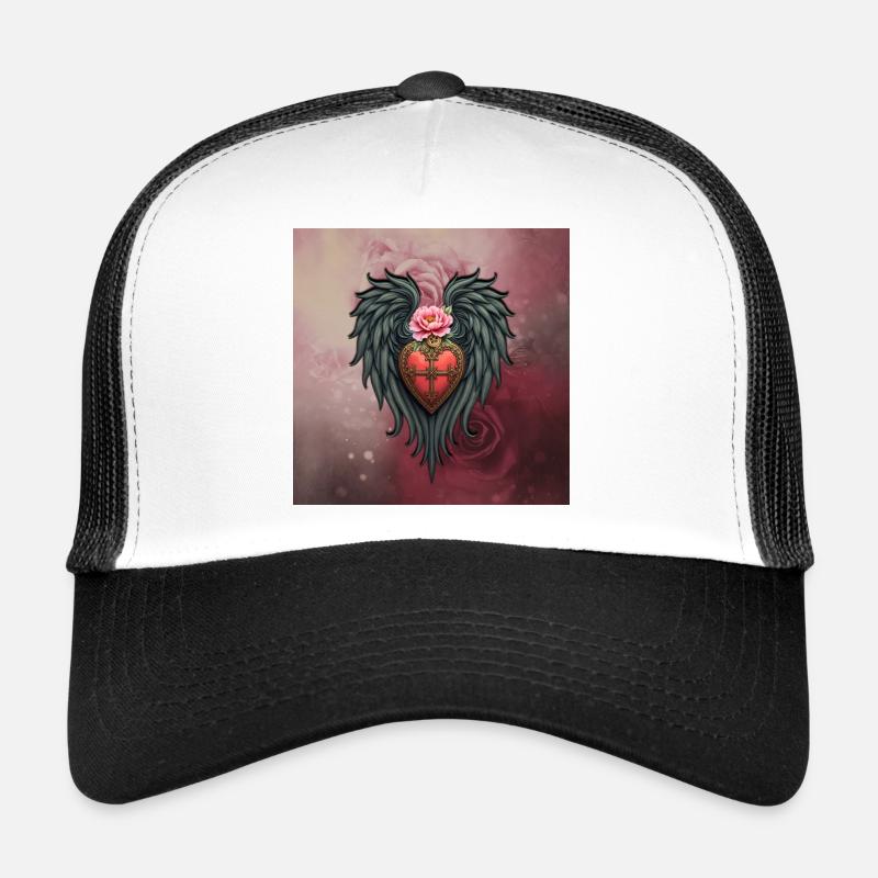 Bouclier en forme de cœur avec ailes et fleur rose Casquette trucker 
