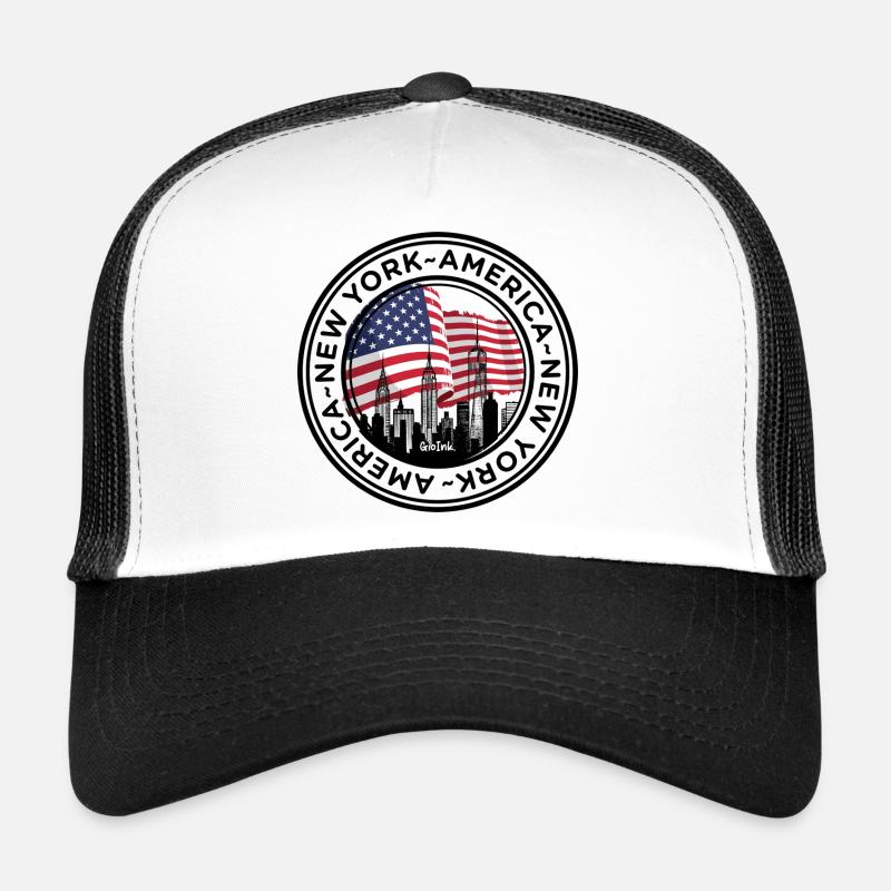 American Skyline with Flag Embrace Trucker Cap