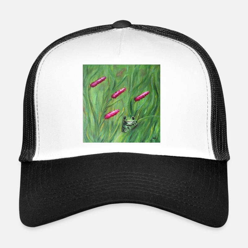 Green Frog Among Pink Pollens Artwork - Trucker Cap - white/black