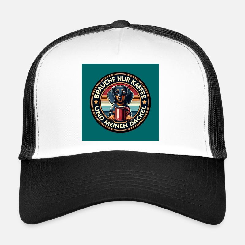 Dog dachshund with coffee cup humorous Trucker Cap