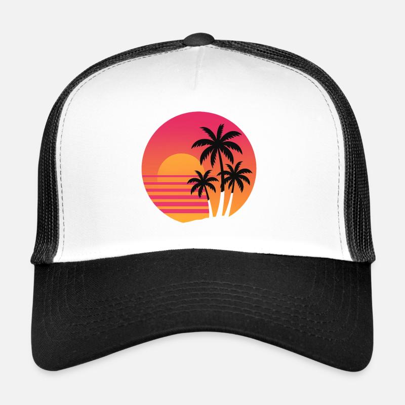 Retro Sunset Palm Trees | 80s Beach Vibes - Trucker Cap - white/black