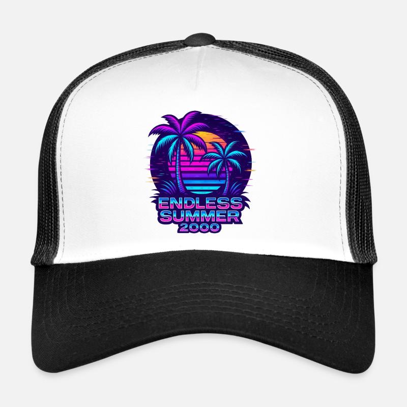 Neon Sunset Palm Trees Design Trucker Cap