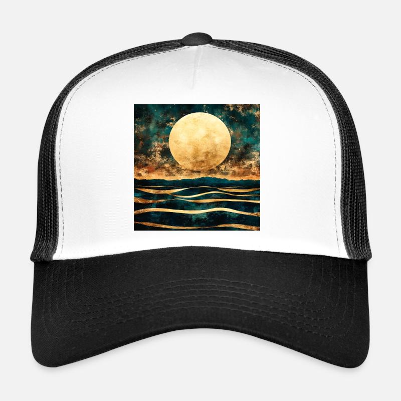 Lune dorée sur horizon aquarelle - Casquette trucker  - blanc/noir