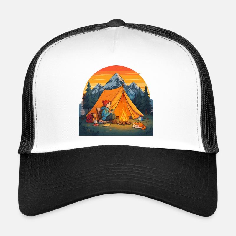Camping mit Katze - Trucker Cap - Weiß/Schwarz