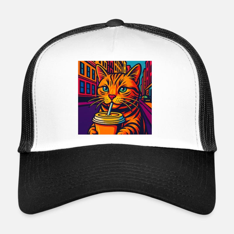 Lebhafte Stadtkatze mit Getränk, liebe Katzen Trucker Cap