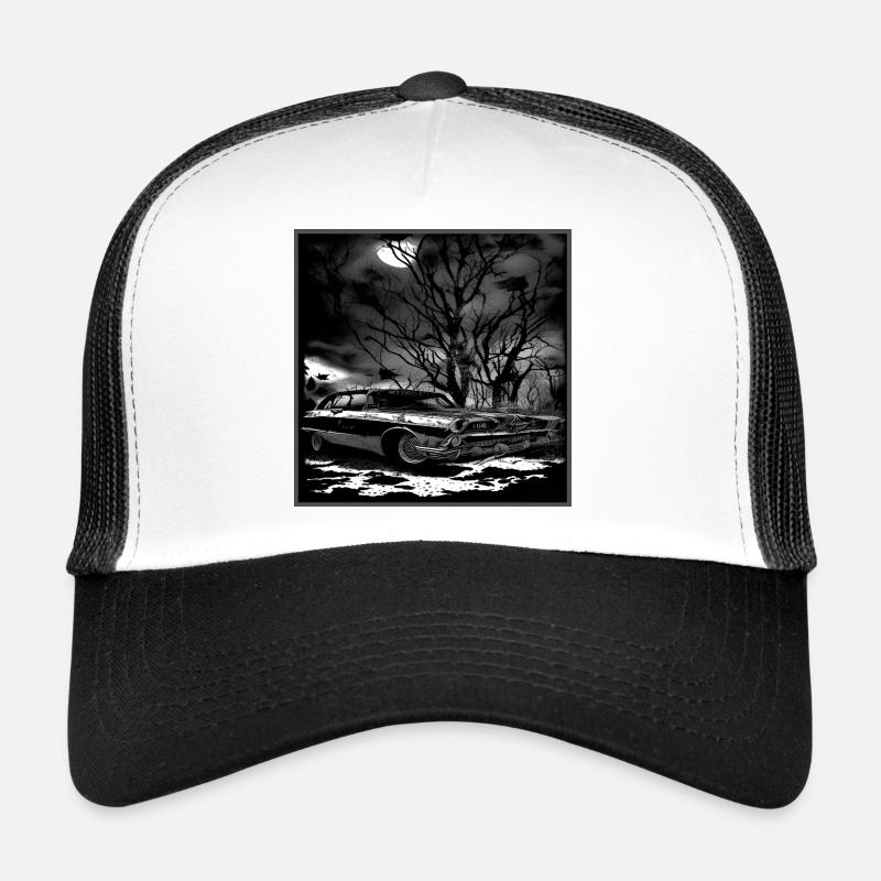 Vintage Classic Car Under Haunted Tree - Trucker Cap - white/black