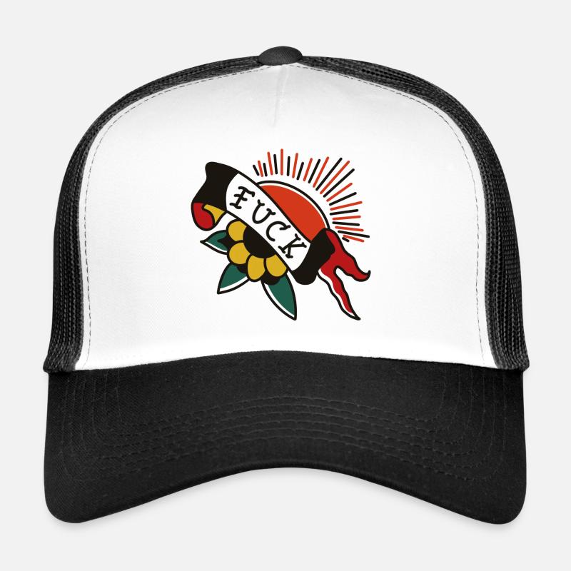 Tattoo Sonne mit Banner – Oldschool Design - Trucker Cap - Weiß/Schwarz