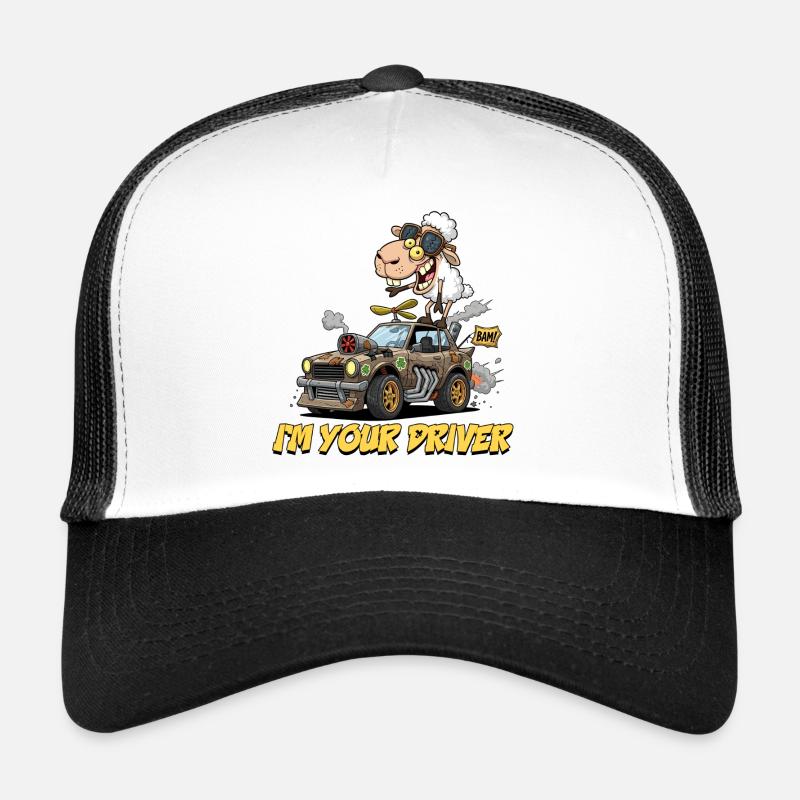Humorous Sheep Driver T-Shirt - Trucker Cap - white/black