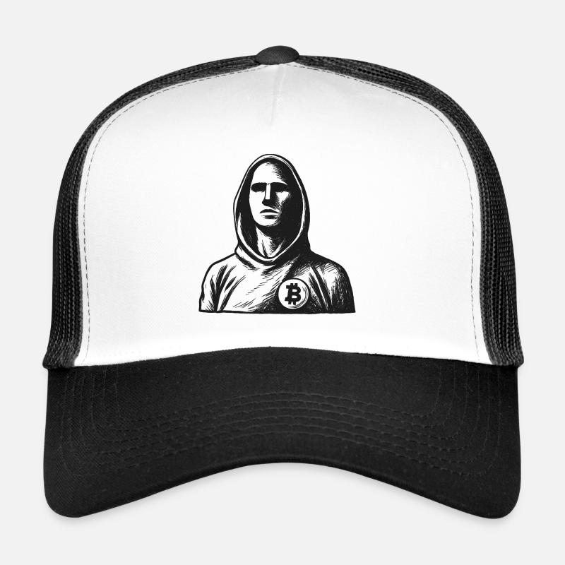 Hacker anonyme avec logo Bitcoin - Casquette trucker - blanc/noir