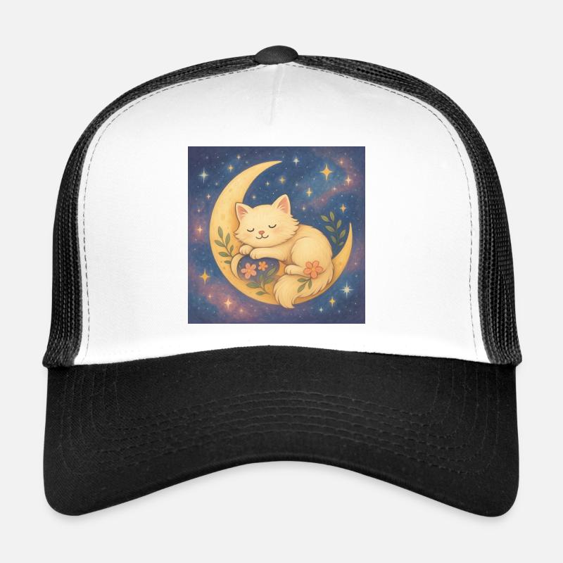 Sleeping cat on moon in starry sky Trucker Cap