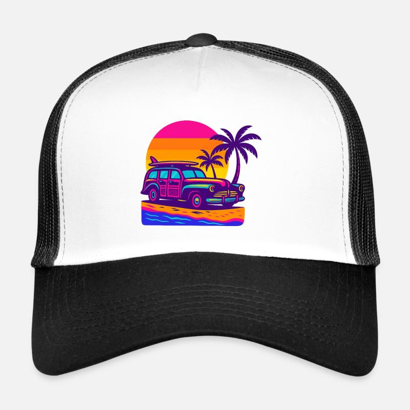 Escapade rétro néon sur la plage avec planche de surf Surf Woody Casquette trucker 