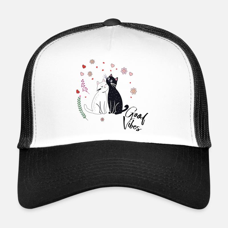 Verspielte Katzen mit Herzen und Blumen - Trucker Cap - Weiß/Schwarz