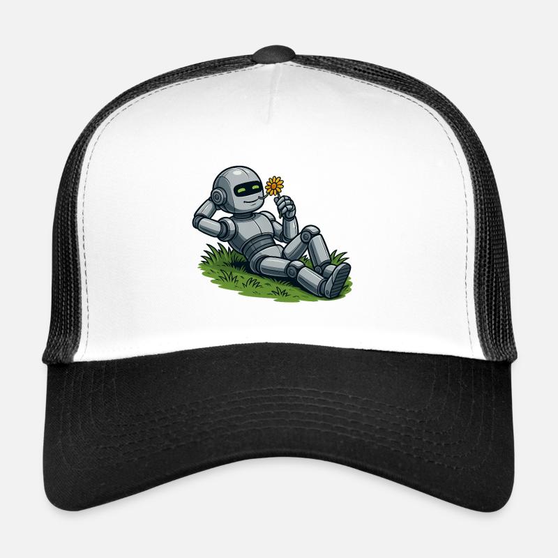 Roboter mit Blume auf einen Rasen - Trucker Cap - Weiß/Schwarz