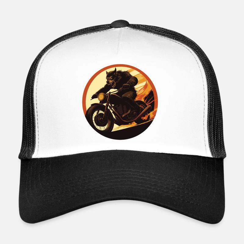 Werewolf Motorcycle Flame Circle Trucker Cap
