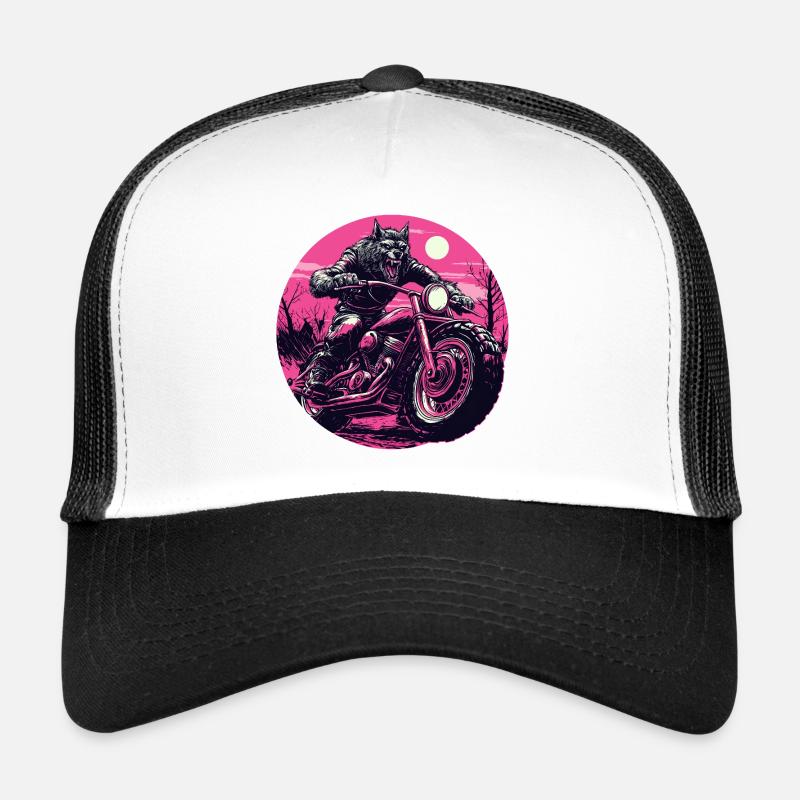 Werewolf on Motorcycle Neon Pink Trucker Cap