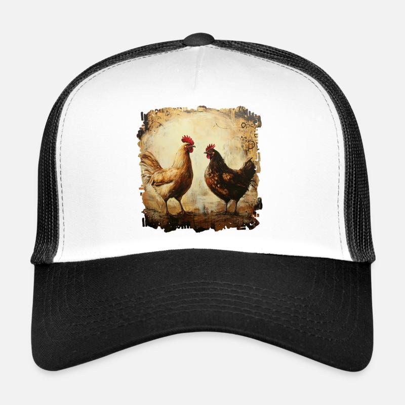 Rustikales Duo aus Hahn und Huhn, Ölmalerei Trucker Cap