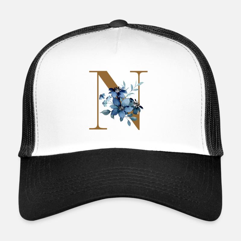 Lettre N avec fleurs bleues - Casquette trucker  - blanc/noir
