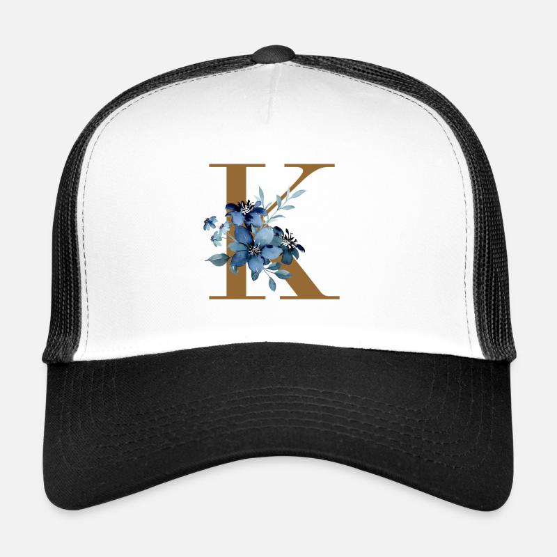 K Monogramm mit Blauen Blüten Trucker Cap