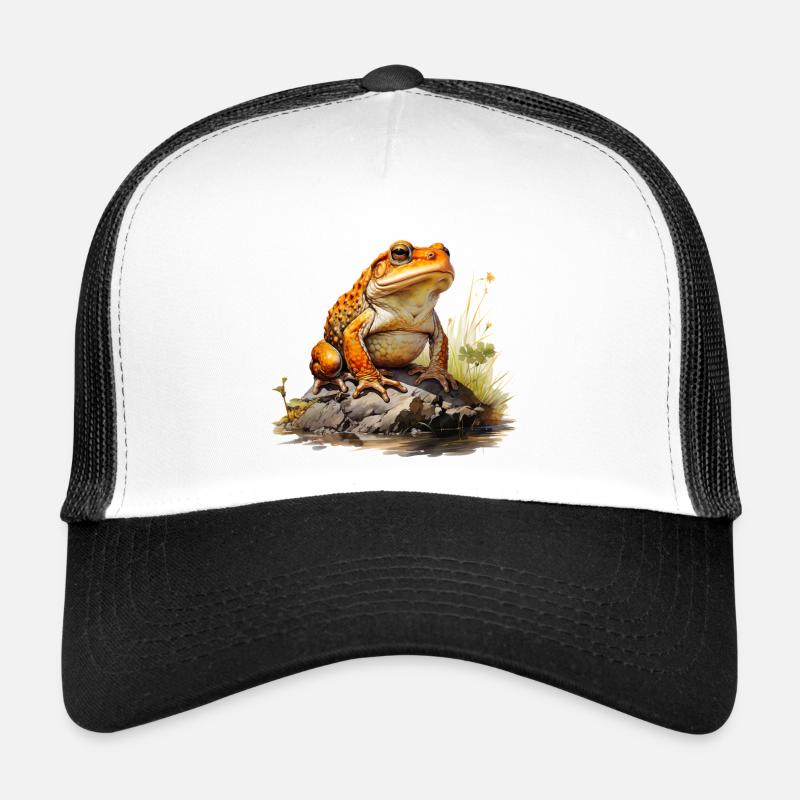 Orangeroter Frosch oder Kröte auf Stein Trucker Cap