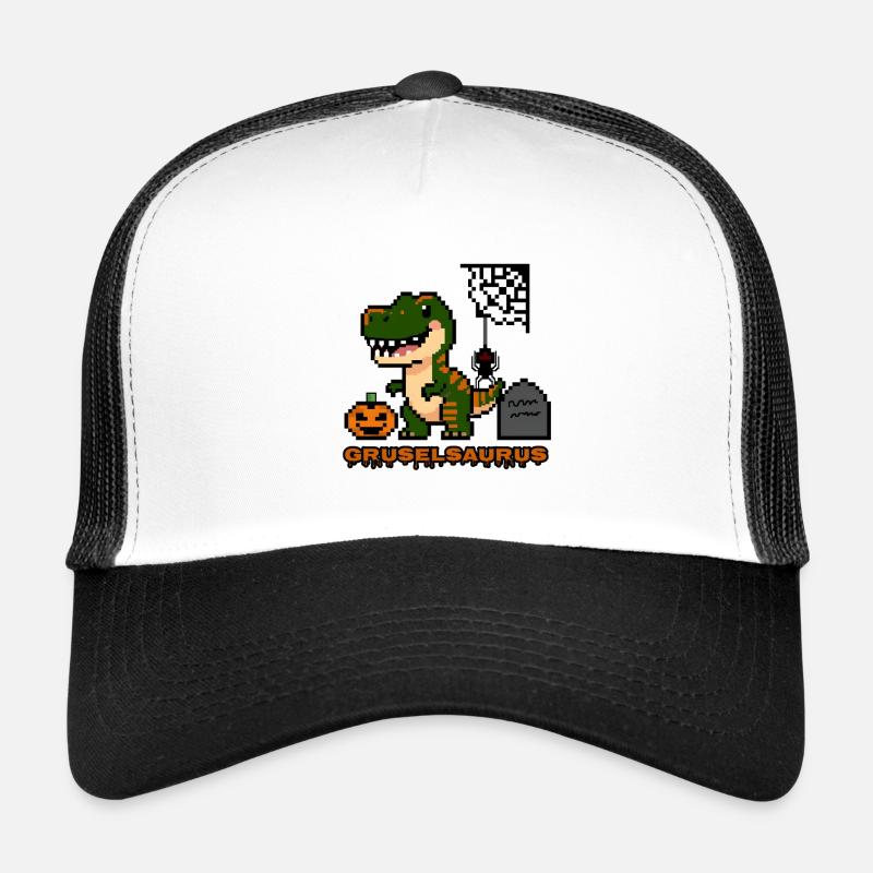 "Gruselsaurus" - Pixel Art Dinosaur 🎃🦖 - Trucker Cap - white/black
