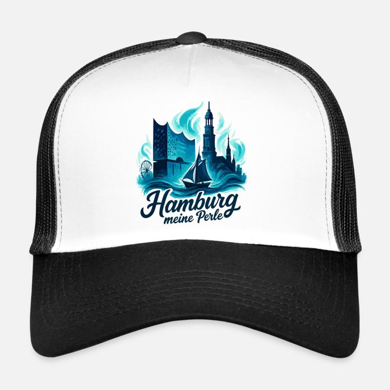 Hamburg Perle Stadt Silhouette Geschenk - Trucker Cap - Weiß/Schwarz