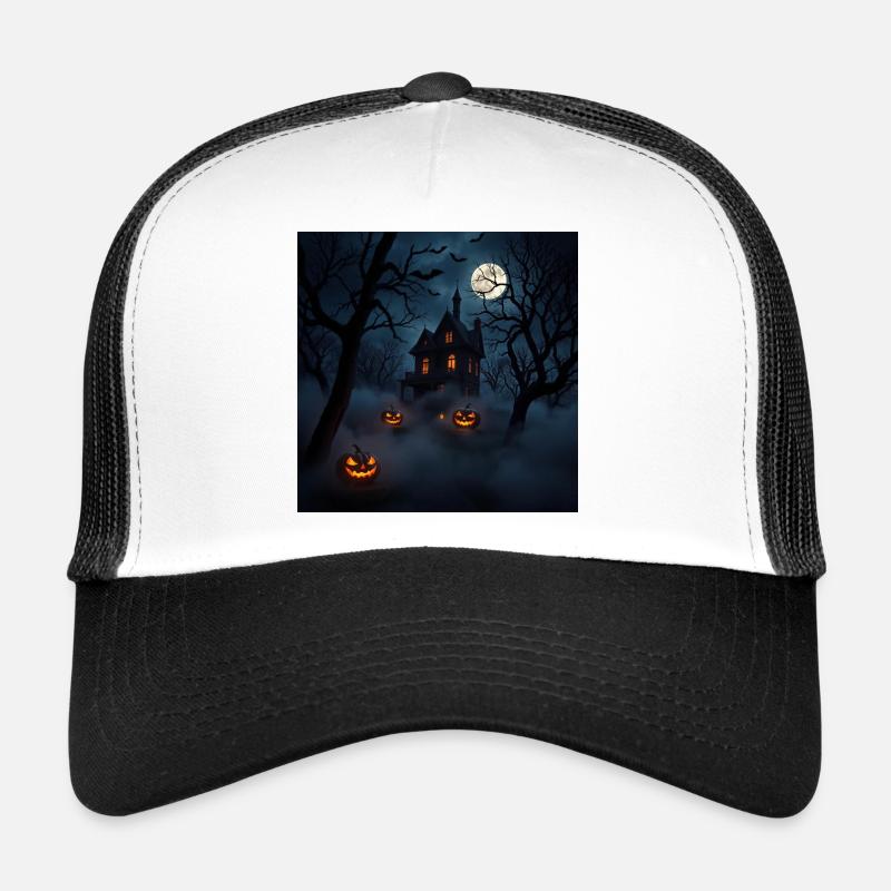 Haunted house under moon and pumpkins Trucker Cap
