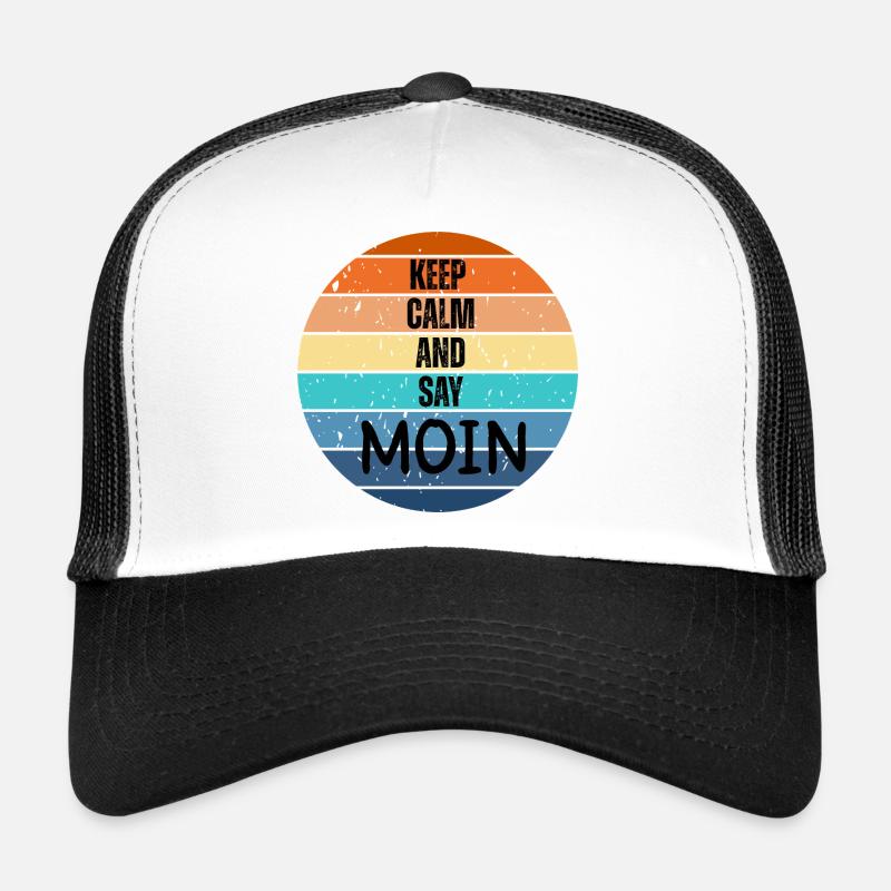 « Keep Calm and Say MOIN » – Coucher de soleil rétro - Casquette trucker  - blanc/noir