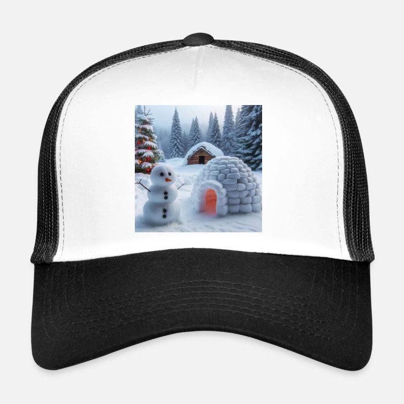 Winter landscape with snowman and igloo Trucker Cap