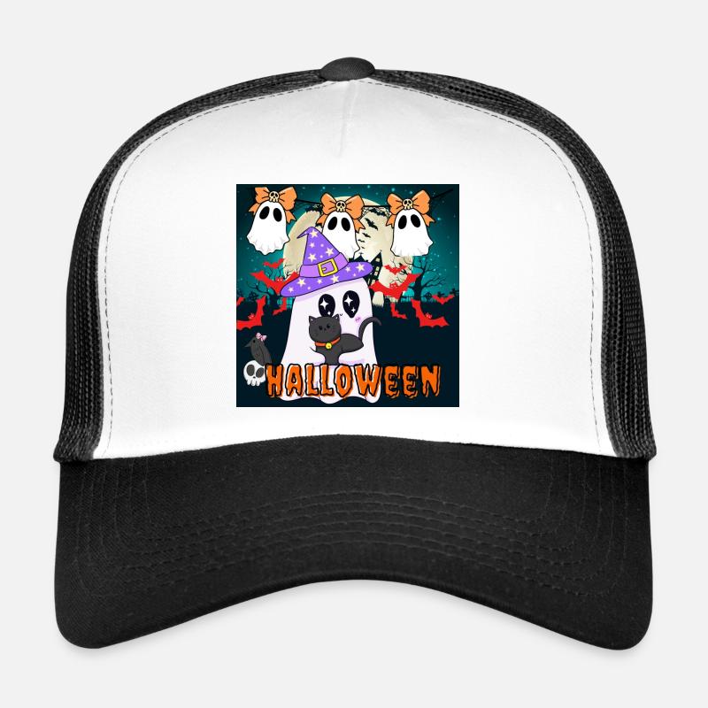 Cute Wizard Ghost and Black Cat Halloween Trucker Cap