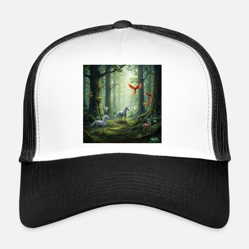 Fairytale Forest Unicorn Phoenix Scene - Trucker Cap - white/black