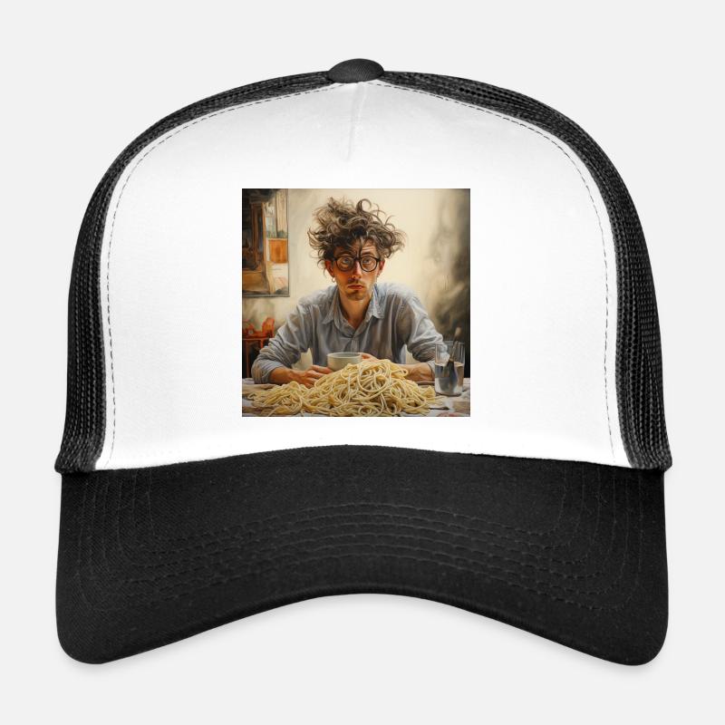 Junger Mann wirres Haar mit Spaghettiberg Brille Trucker Cap