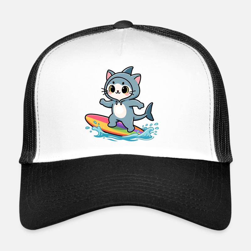 Chat requin sur planche de surf arc-en-ciel - Casquette trucker  - blanc/noir