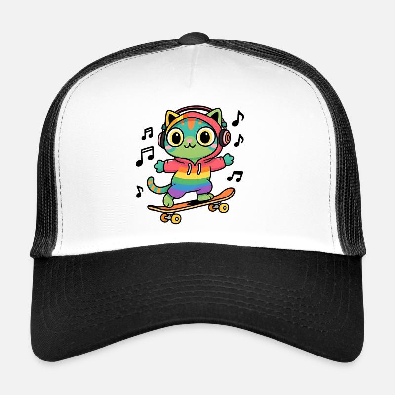 Regenbogenkatze auf Skateboard - Trucker Cap - Weiß/Schwarz