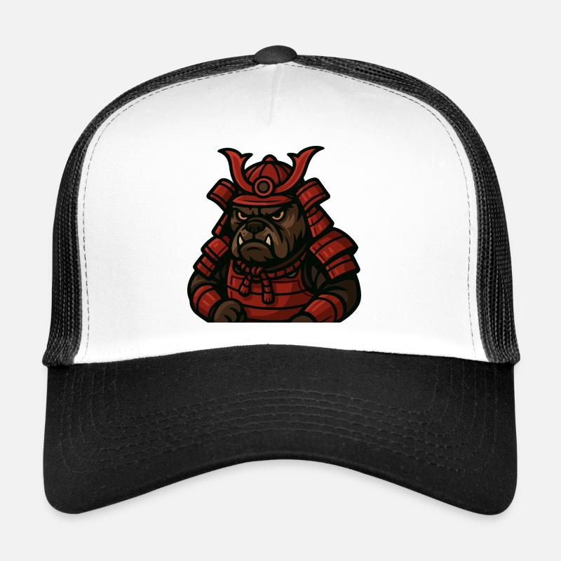 Bulldog Samurai Warrior in Red Battle Armor Trucker Cap