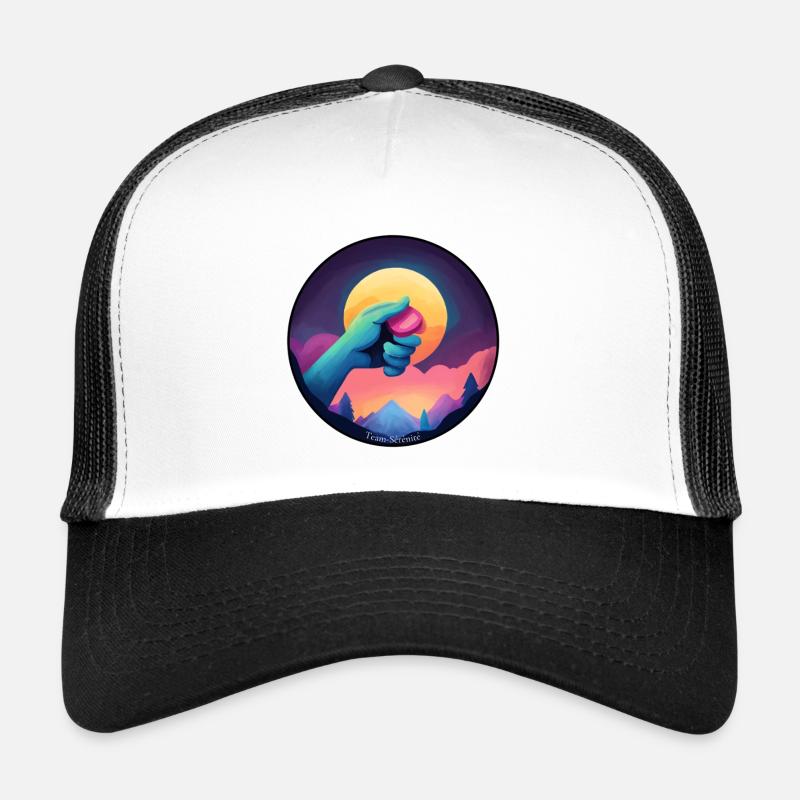 Main bleue tenant un jeton  Casquette trucker 