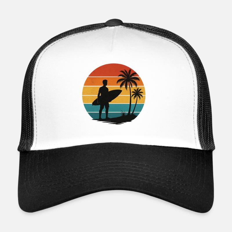 Retro Surfer Silhouette am Strand - Trucker Cap - Weiß/Schwarz